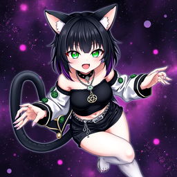 Anime-style illustration of a 27-year-old girl with cat ears and two black cat tails