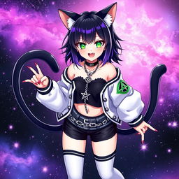 Anime-style illustration of a 27-year-old girl with cat ears and two black cat tails