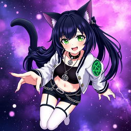 Anime-style illustration of a 27-year-old girl with cat ears and two black cat tails