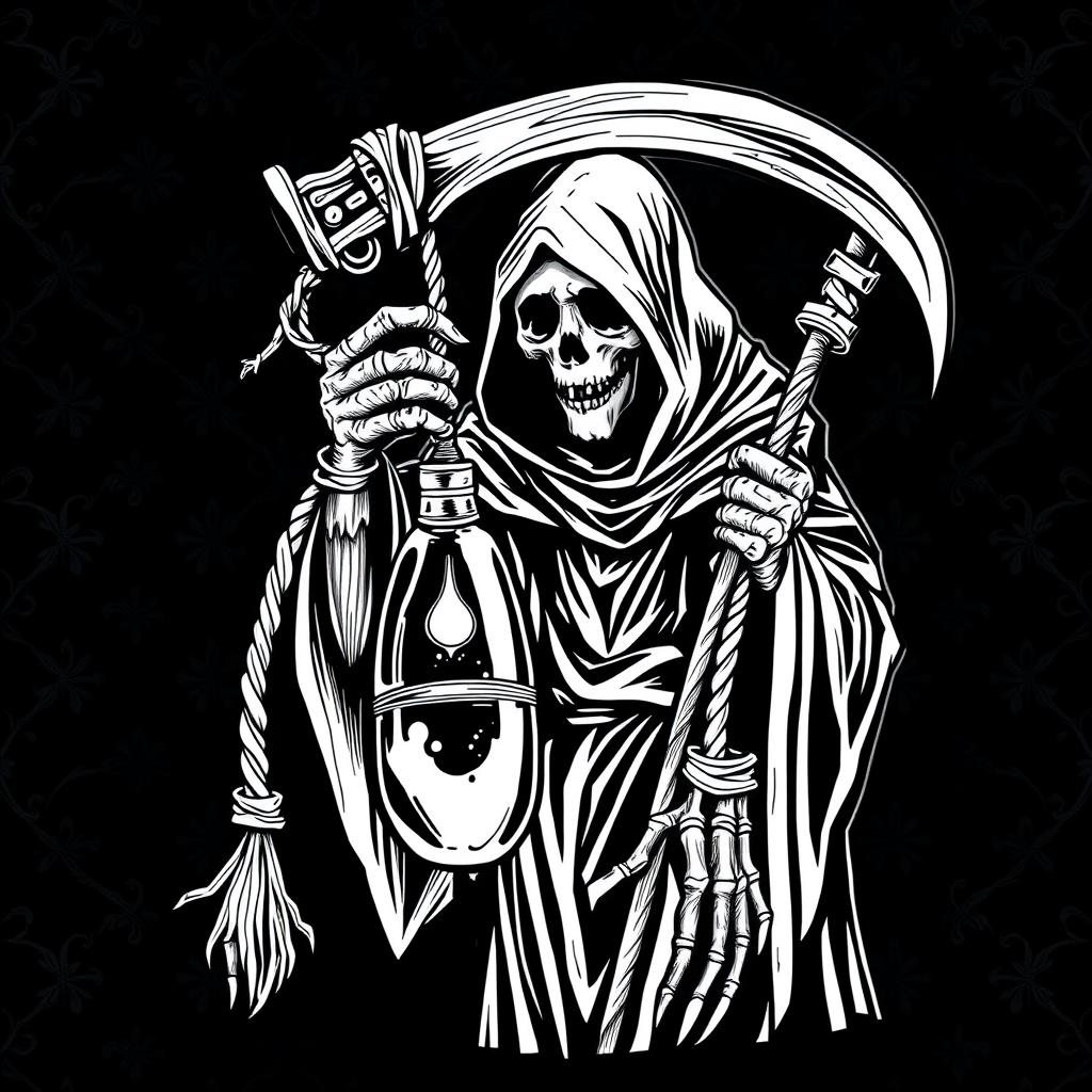 A striking black and white graphic design featuring a grim reaper holding a scythe and a glass lamp hanging from ropes