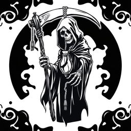 A striking black and white graphic design featuring a grim reaper holding a scythe and a glass lamp hanging from ropes