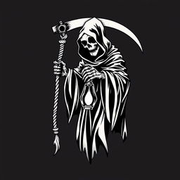 A striking black and white graphic design featuring a grim reaper holding a scythe and a glass lamp hanging from ropes