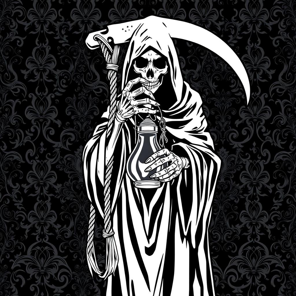 A striking black and white graphic design featuring a grim reaper holding a scythe and a glass lamp hanging from ropes