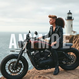 A teenage biker with short hair, wearing a leather jacket, black pants, black boots, and tattoos, sitting on a custom motorcycle on a cliff