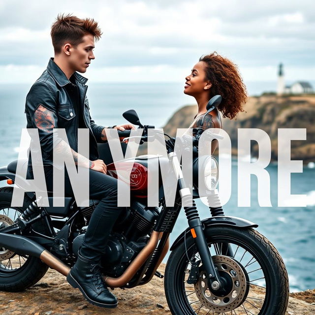 A teenage biker with short hair, wearing a leather jacket, black pants, black boots, and tattoos, sitting on a custom motorcycle on a cliff