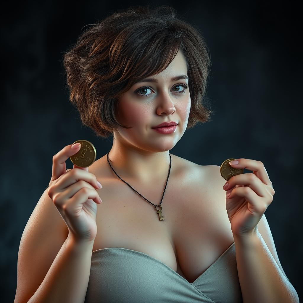 A plus-size Caucasian woman with short, voluminous hair that is not in a bob cut, holding a coin in one hand and wearing a key as a necklace