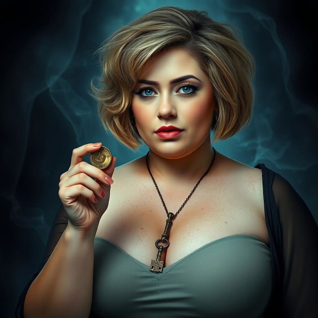 A plus-size Caucasian woman with short, voluminous hair that is not in a bob cut, holding a coin in one hand and wearing a key as a necklace