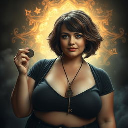 A plus-size Caucasian woman with short, voluminous hair that is not in a bob cut, holding a coin in one hand and wearing a key as a necklace