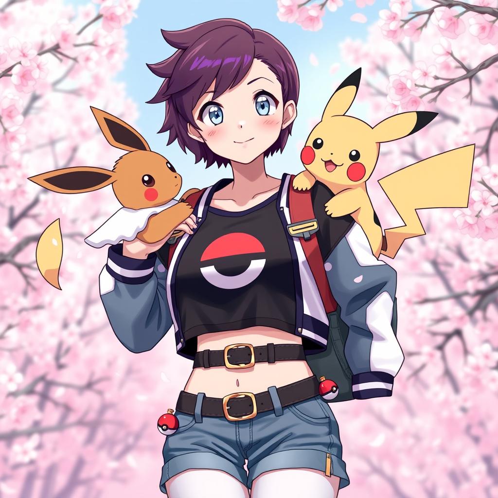 A 27-year-old female Pokémon trainer with short brown hair featuring purple highlights, light gray eyes, wearing a black Pokéball crop top