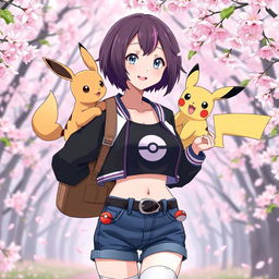 A 27-year-old female Pokémon trainer with short brown hair featuring purple highlights, light gray eyes, wearing a black Pokéball crop top