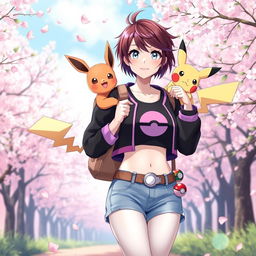 A 27-year-old female Pokémon trainer with short brown hair featuring purple highlights, light gray eyes, wearing a black Pokéball crop top
