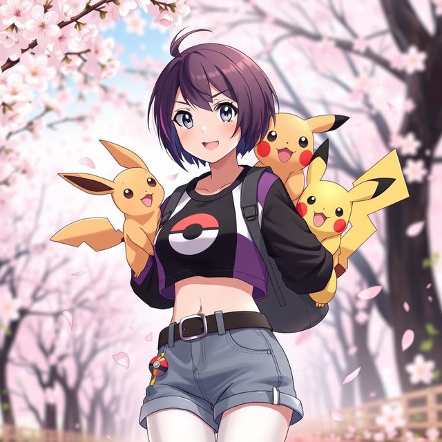 A 27-year-old female Pokémon trainer with short brown hair featuring purple highlights, light gray eyes, wearing a black Pokéball crop top