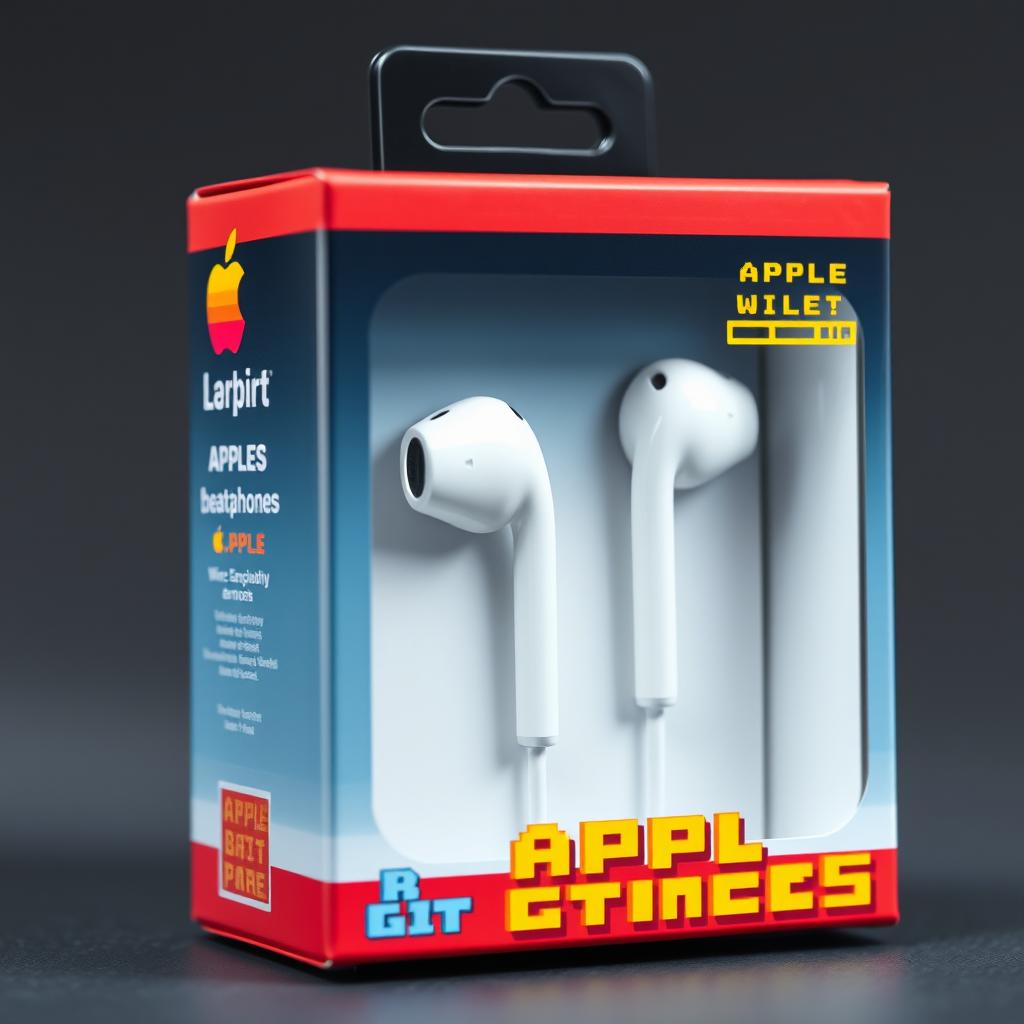 A package of 8-bit graphics Apple wired headphones, designed with retro gaming aesthetics