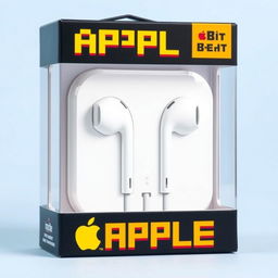 A package of 8-bit graphics Apple wired headphones, designed with retro gaming aesthetics