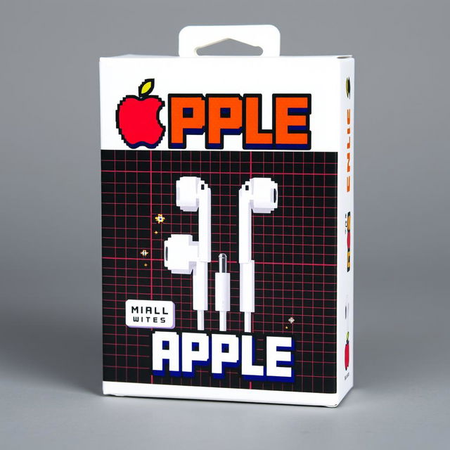 A package of 8-bit graphics Apple wired headphones, designed with retro gaming aesthetics