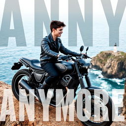 A teenage biker with short hair, wearing a leather jacket, black pants, black boots, and tattoos, sitting on a custom motorcycle on a cliff