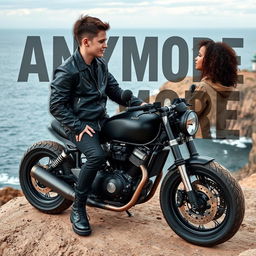 A teenage biker with short hair, wearing a leather jacket, black pants, black boots, and tattoos, sitting on a custom motorcycle on a cliff