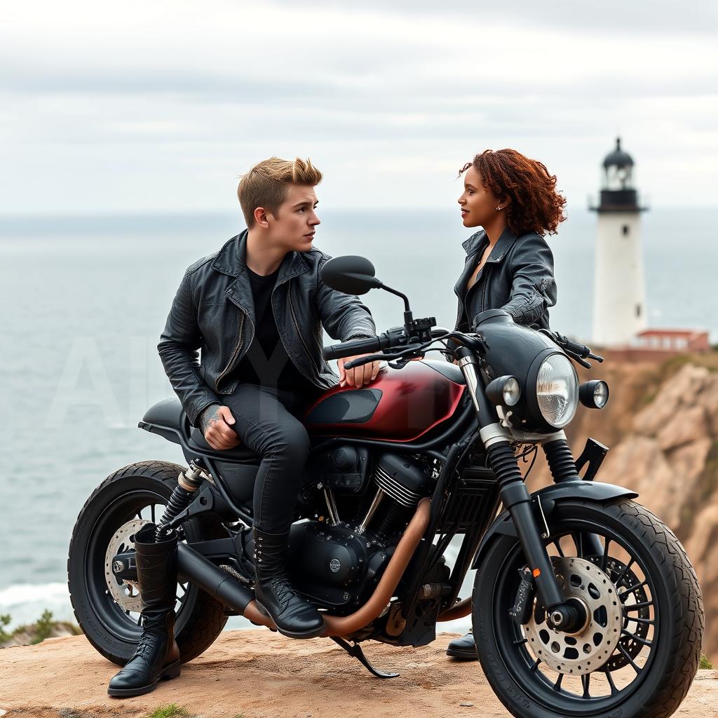 A teenage biker with short hair, wearing a leather jacket, black pants, black boots, and tattoos, sitting on a custom motorcycle on a cliff