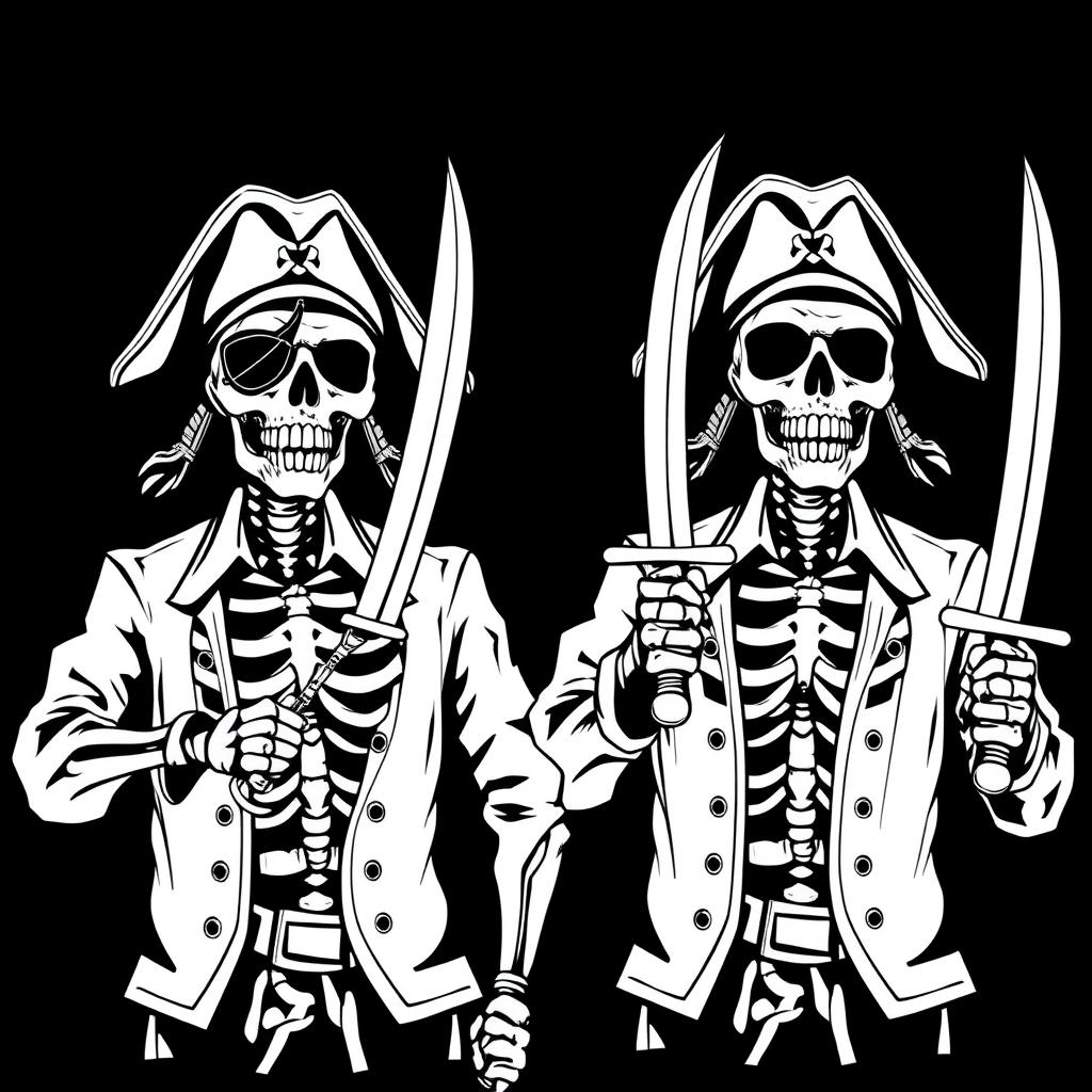 A monochrome clothing design concept featuring skeleton pirates in coordinated poses, each holding a pirate sword