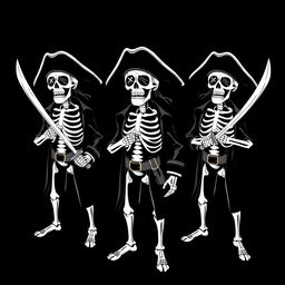 A monochrome clothing design concept featuring skeleton pirates in coordinated poses, each holding a pirate sword