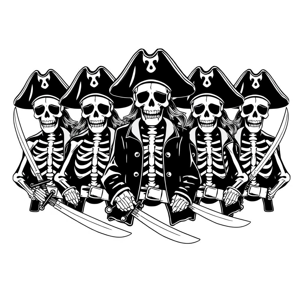 A monochrome clothing design concept featuring skeleton pirates in coordinated poses, each holding a pirate sword