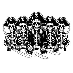 A monochrome clothing design concept featuring skeleton pirates in coordinated poses, each holding a pirate sword