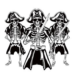 A monochrome clothing design concept featuring skeleton pirates in coordinated poses, each holding a pirate sword