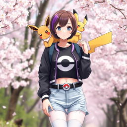A 27-year-old female Pokémon trainer with short brown hair featuring purple highlights and light gray eyes