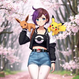 A 27-year-old female Pokémon trainer with short brown hair featuring purple highlights and light gray eyes