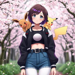 A 27-year-old female Pokémon trainer with short brown hair featuring purple highlights and light gray eyes