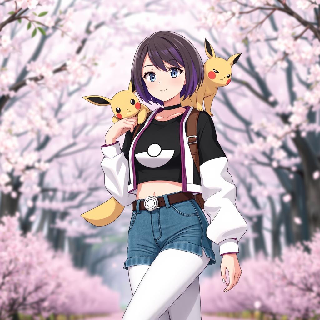 A 27-year-old female Pokémon trainer with short brown hair featuring purple highlights and light gray eyes