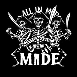 A monochrome clothing design featuring skeleton pirates in animated poses, each brandishing a detailed pirate sword