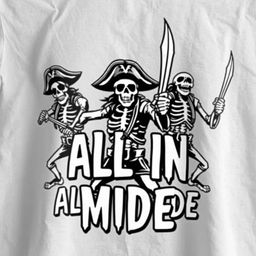 A monochrome clothing design featuring skeleton pirates in animated poses, each brandishing a detailed pirate sword