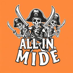 A monochrome clothing design featuring skeleton pirates in animated poses, each brandishing a detailed pirate sword