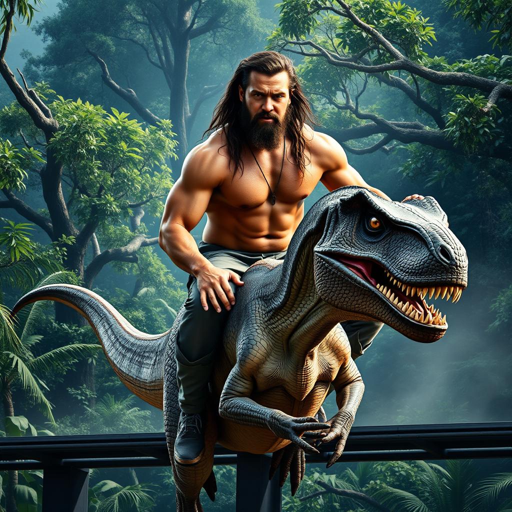 A billboard featuring Jason Momoa, confidently riding on a velociraptor