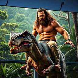 A billboard featuring Jason Momoa, confidently riding on a velociraptor