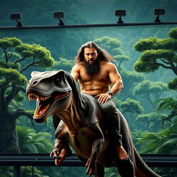 A billboard featuring Jason Momoa, confidently riding on a velociraptor