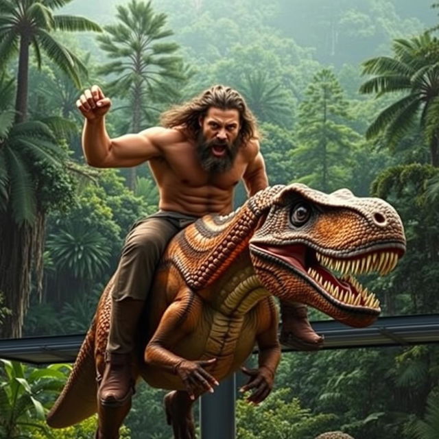 A billboard featuring Jason Momoa, confidently riding on a velociraptor