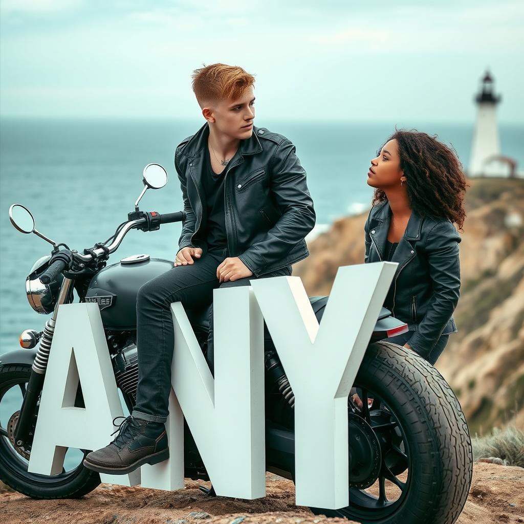 A teenage biker with short hair, wearing a leather jacket, black pants, with a neck tattoo, sitting on a custom motorcycle on a cliff