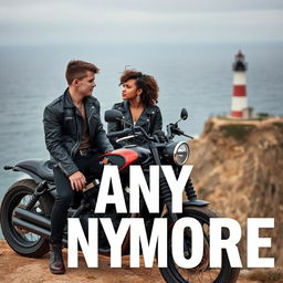 A teenage biker with short hair, wearing a leather jacket, black pants, with a neck tattoo, sitting on a custom motorcycle on a cliff