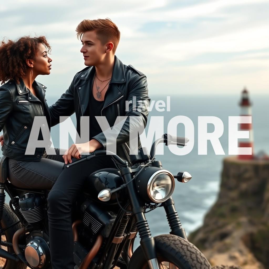 A teenage biker with short hair, wearing a leather jacket, black pants, with a neck tattoo, sitting on a custom motorcycle on a cliff