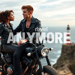 A teenage biker with short hair, wearing a leather jacket, black pants, with a neck tattoo, sitting on a custom motorcycle on a cliff