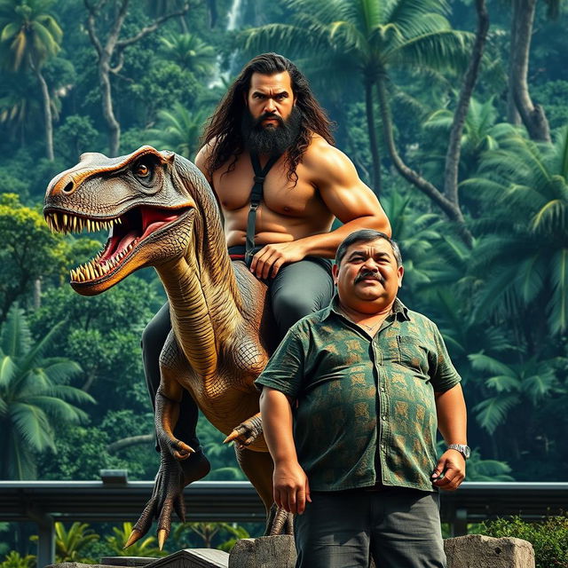 A billboard featuring Jason Momoa, confidently riding on a velociraptor