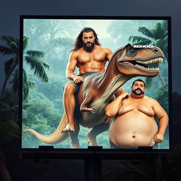 A billboard featuring Jason Momoa, confidently riding on a velociraptor