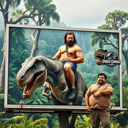 A billboard featuring Jason Momoa, confidently riding on a velociraptor