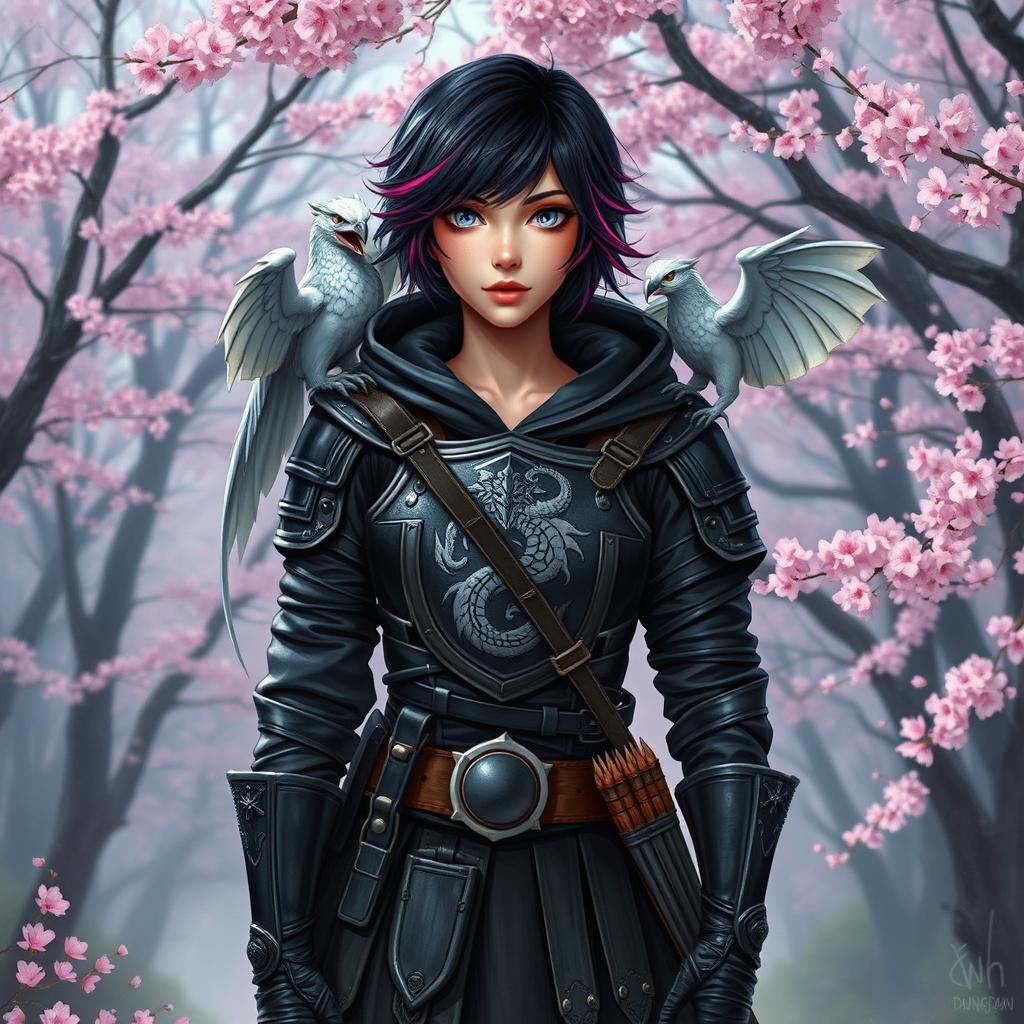 A Dungeons & Dragons female hexblood character with short black hair adorned with orchid highlights, mesmerizing silver eyes, and pale rose skin