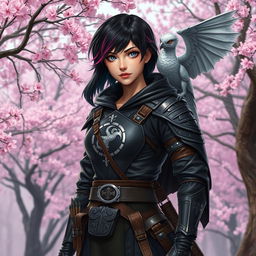 A Dungeons & Dragons female hexblood character with short black hair adorned with orchid highlights, mesmerizing silver eyes, and pale rose skin