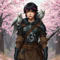 A Dungeons & Dragons female hexblood character with short black hair adorned with orchid highlights, mesmerizing silver eyes, and pale rose skin