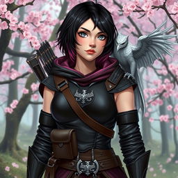 A Dungeons & Dragons female hexblood character with short black hair adorned with orchid highlights, mesmerizing silver eyes, and pale rose skin