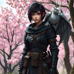 A fierce Dungeons & Dragons female hexblood stands confidently at the edge of a vibrant sakura forest